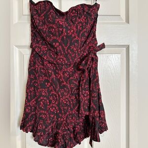 Olivaceous Red and Black Floral Strapless Romper